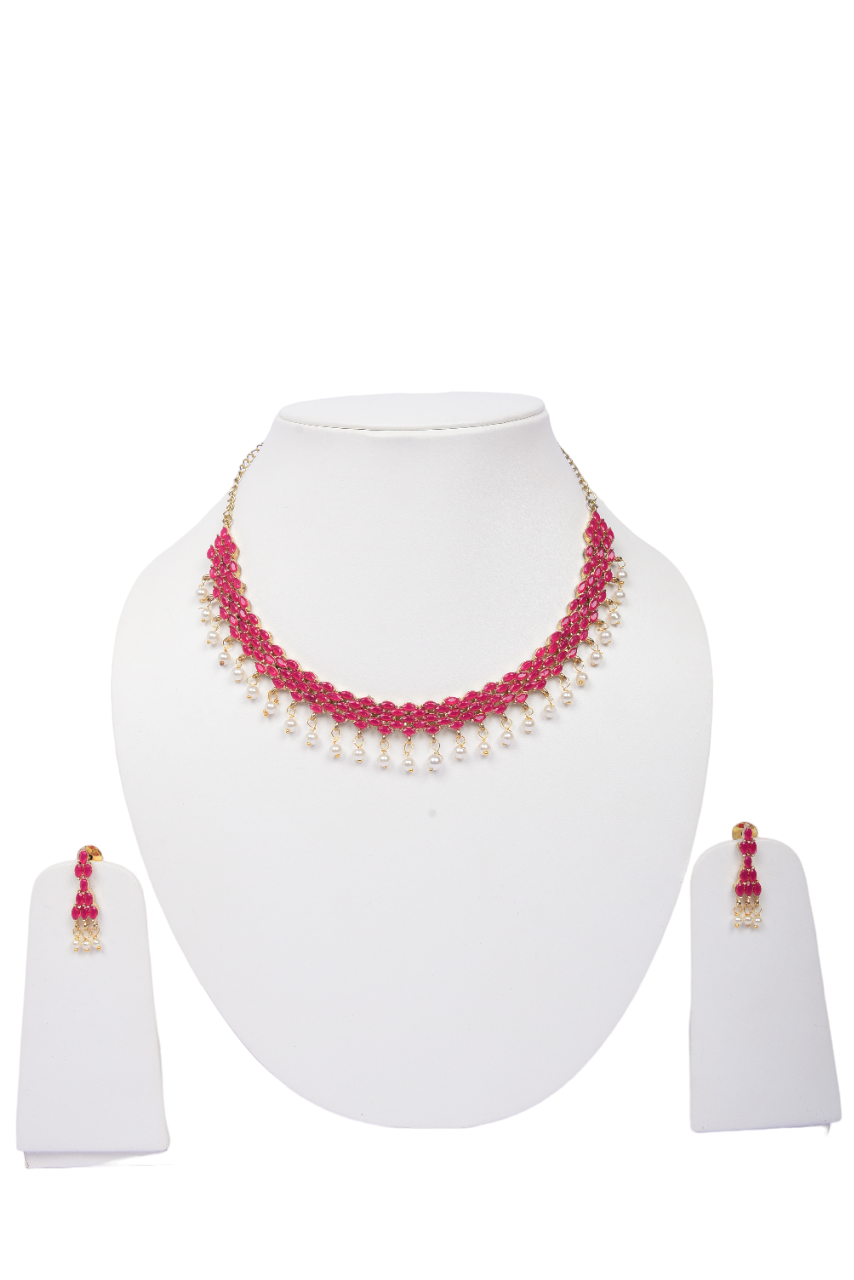 Namokriti Traditional Pink Beaded Choker Necklace Set with Pearl Drops for Women & Girls